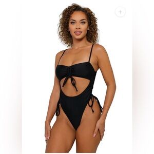 X-large Black Women's Cut Out Drawstring One Piece Cheeky High Cut Bathing Suit
